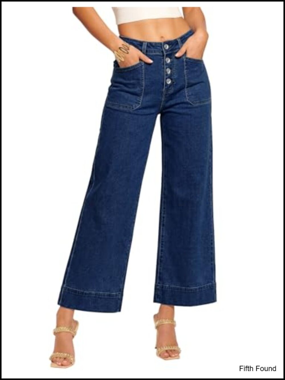 Women Cropped Wide Leg High Waisted Stretchy Denim Jeans Button Fly Patch Pocket